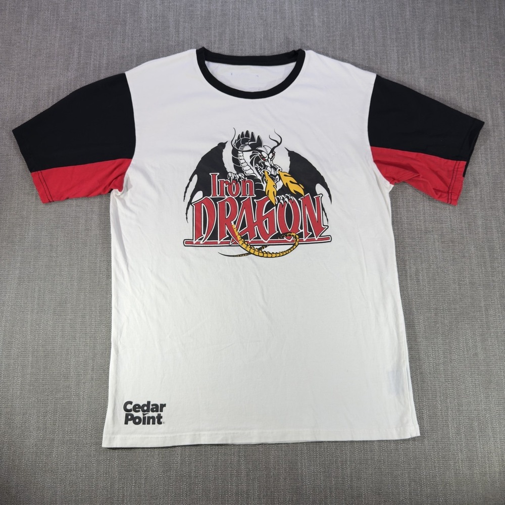 Cedar Point Iron Dragon Shirt Mens Large White Ringer Graphic Tee Roller Coaster